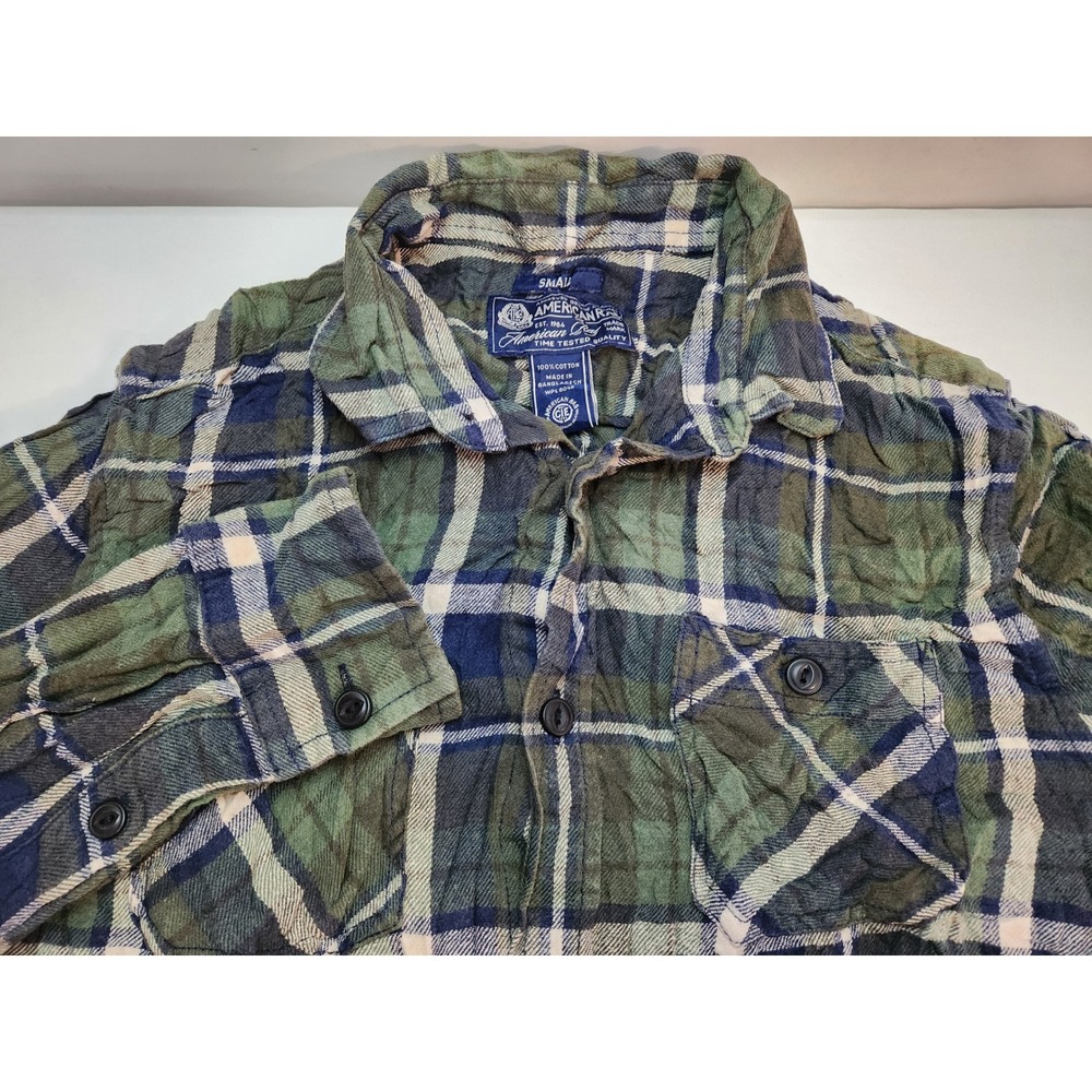 American Rag Mens Small Green Blue Plaid Flannel Long Sleeve Button Up Shirt